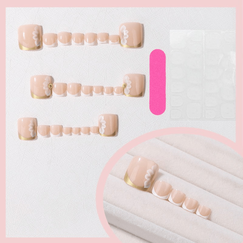 48Pcs-Short Square Nude White French Thin Gold Line Flower Toe Press on Nails