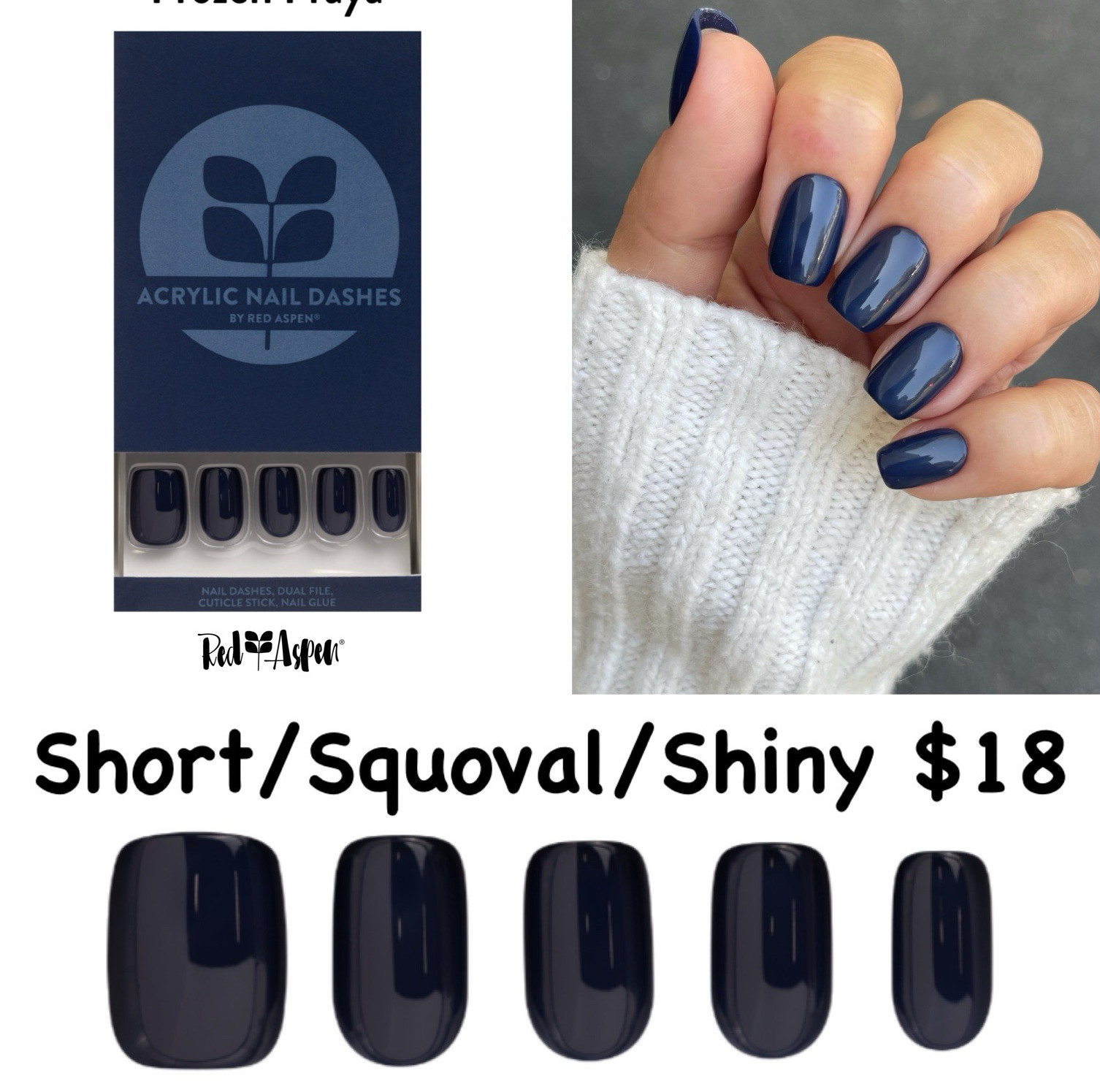 Red Aspen Press-On Nails Frozen Fraya Short Squoval Blue Shiny Glue Included