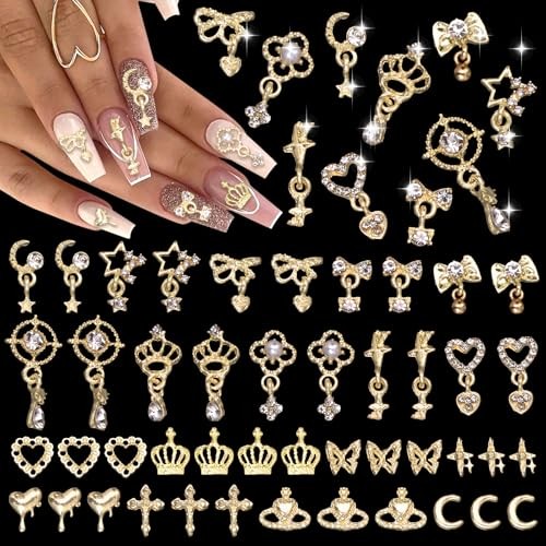 100 Pcs Gold Nail Charms and Gems, Gold Dangle Star Bows Nail Gems Gold-Set 2