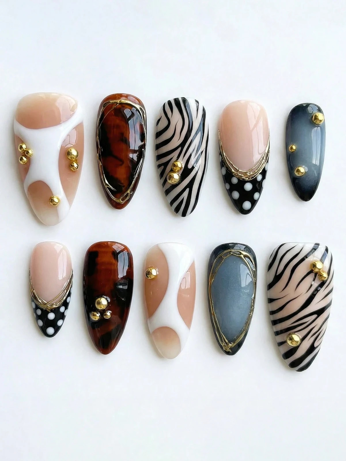 10PCS Handmade Almond Press On Nails Zebra Tortoise French Metal Charms Reusable