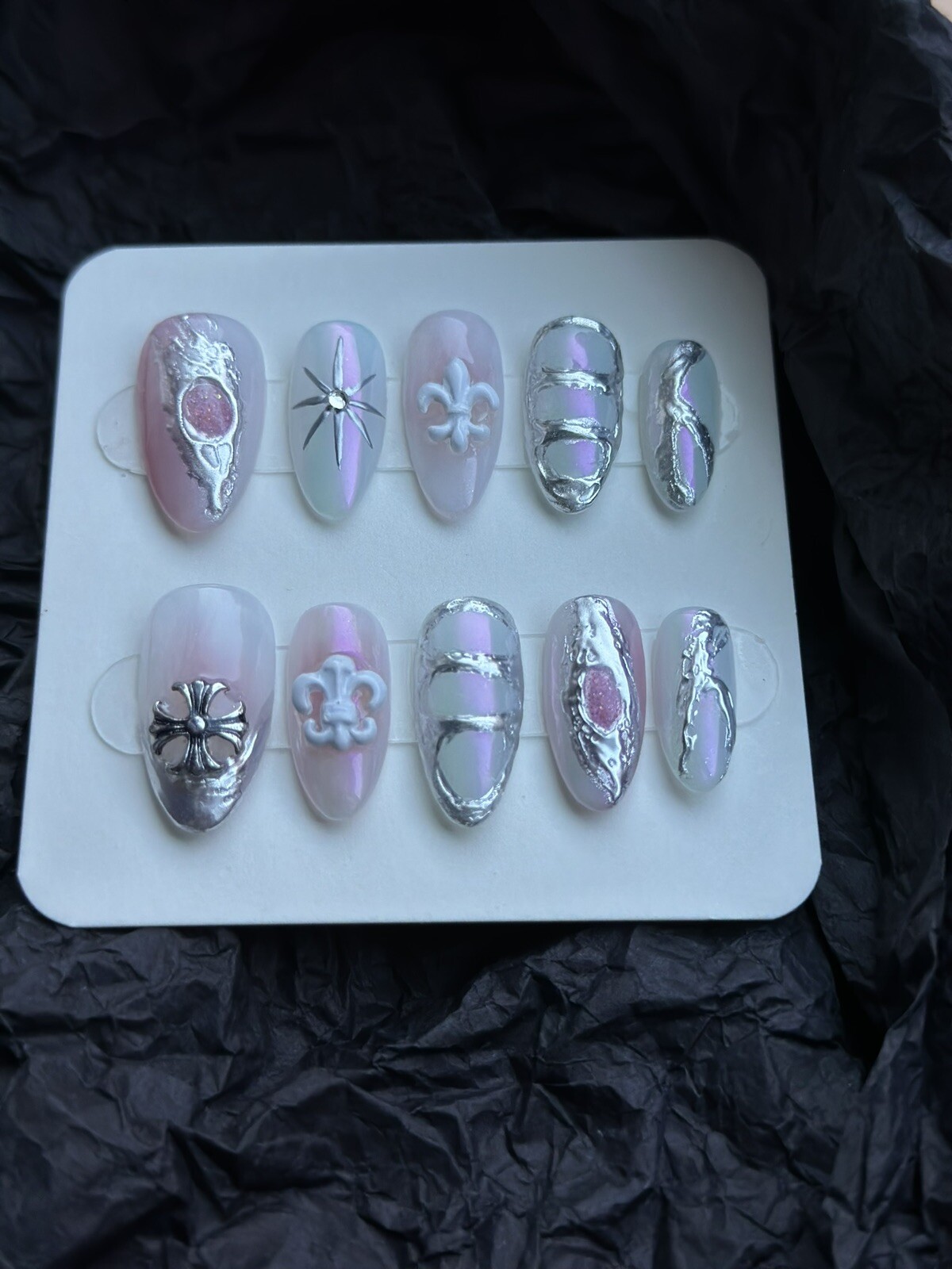 CUSTOM Handmade press on Gel nails Medium Almond Y2k Style Nails Set Size:S