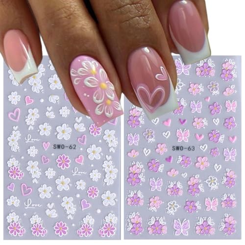 2 Sheets Spring Flower Nail Art Stickers Decals 5D Embossed Nail Decals Self W5