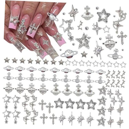 120+ Pcs Star Nail Charms Inlaid Rhinestones Gems Star Planet Cross Nail Silver