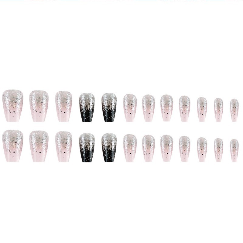 48pcs-Elegant Black & Silver Nails, Press on Coffin with Sparkly Ombre Effect