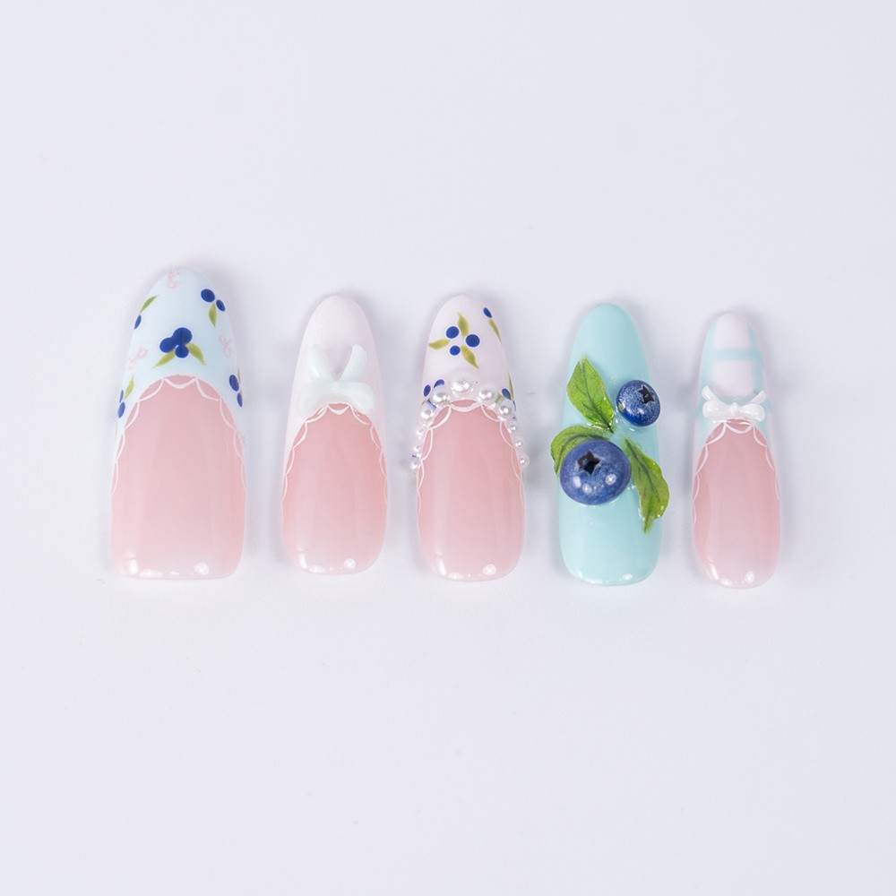 10pcs Pink Mint Square Nails 3D Blueberry Lace Bow Summer Picnic Cute