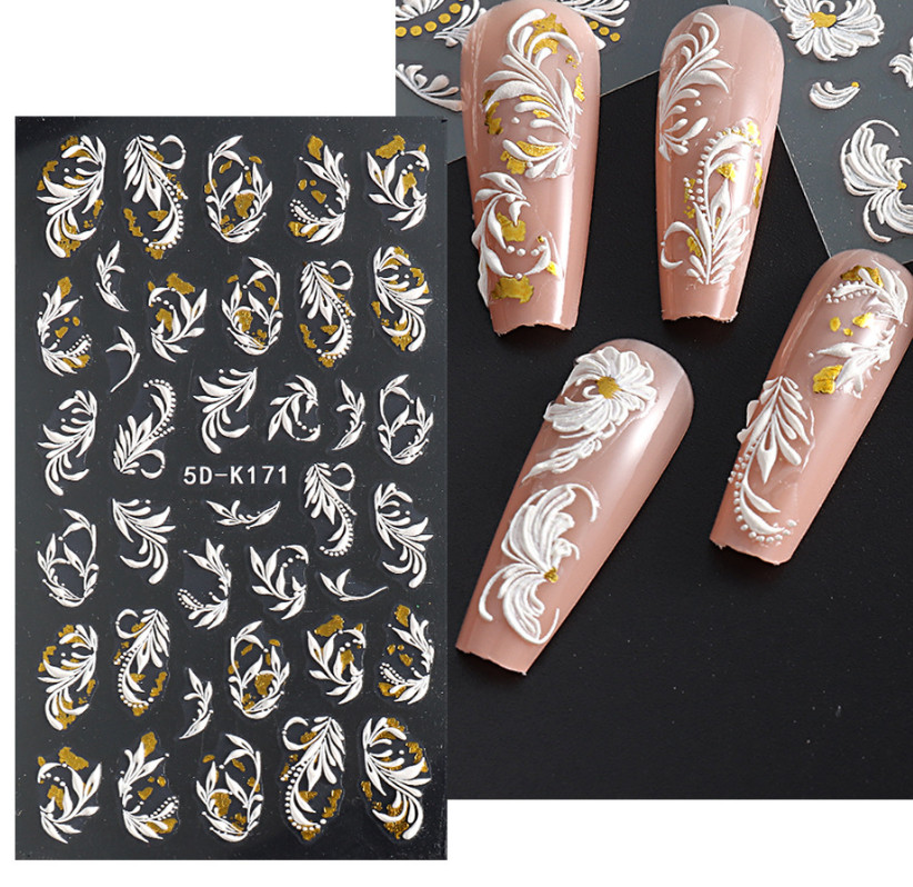 5D Nail Stickers Embossed White Rose Flower Decals Art Decora Wedding Party NH7