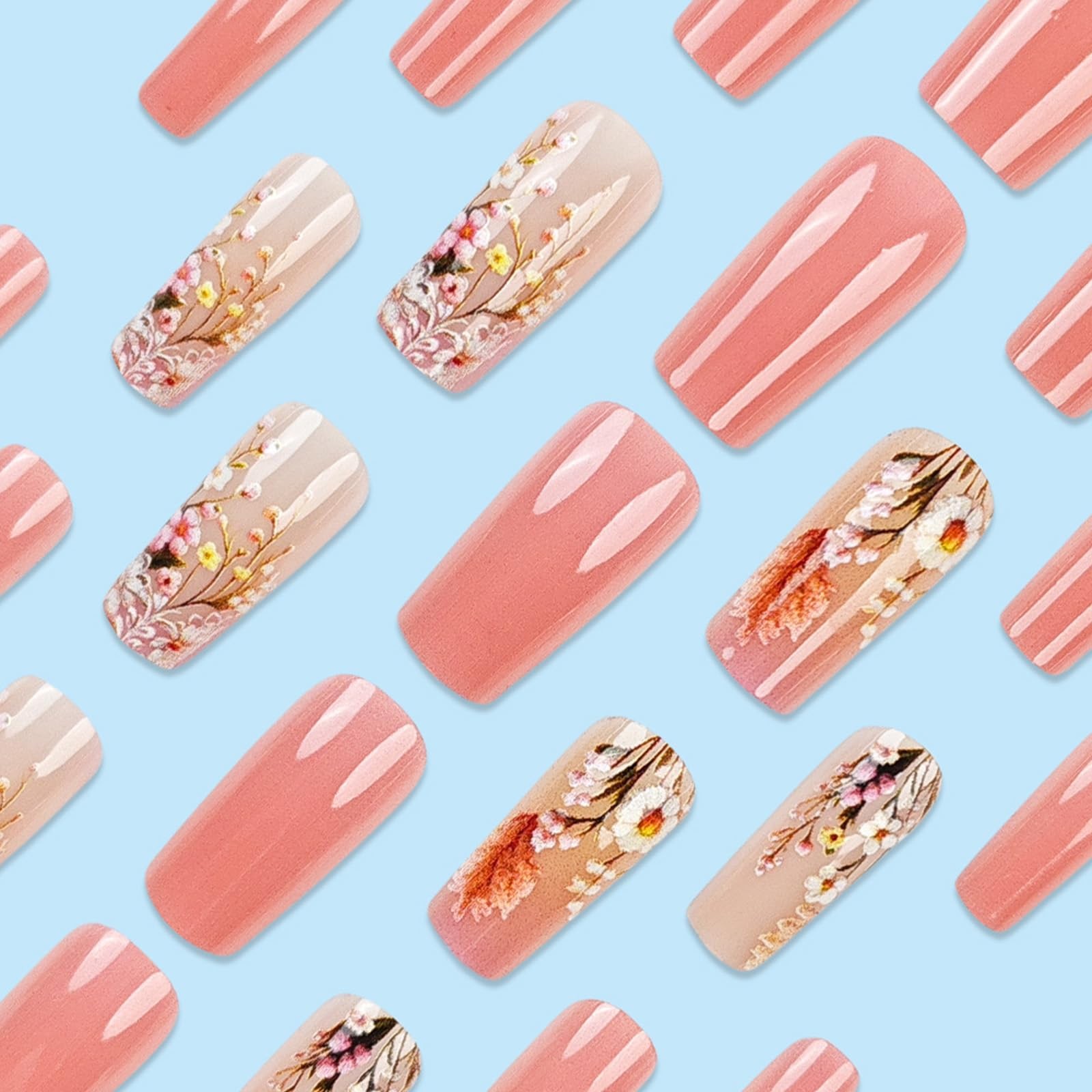 Flower Press on Nails Medium Coffin Fake 0.04 Fl Oz (Pack of 24), Pink
