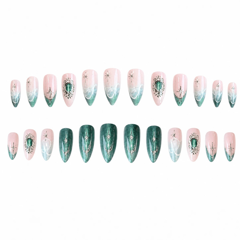 48pcs-Green Press on Nails Nude Almond Cat Eye Moon Star Ornate Rhinestones