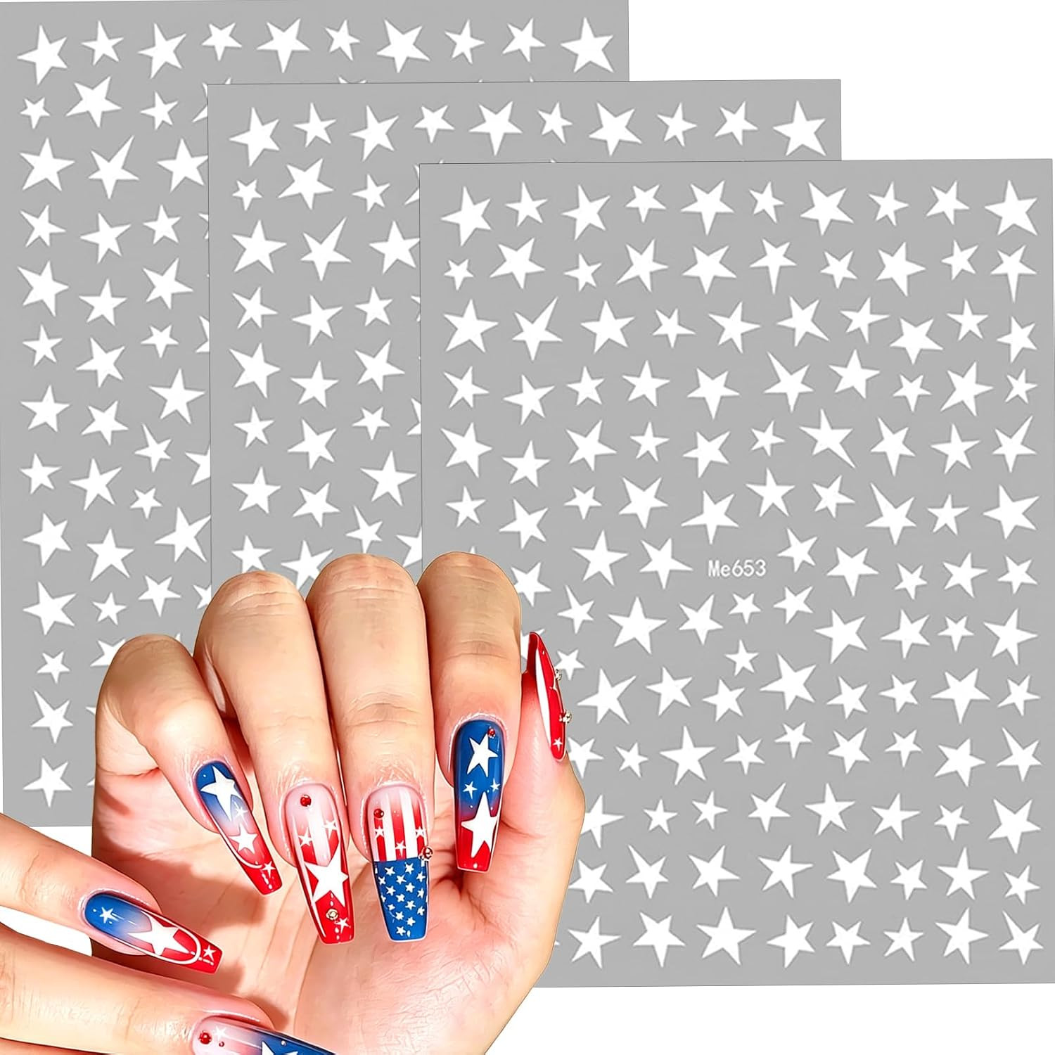 9 PCS 4Th of July Nail Stickers, Red White and Blue Nails Star Stickers | 3D