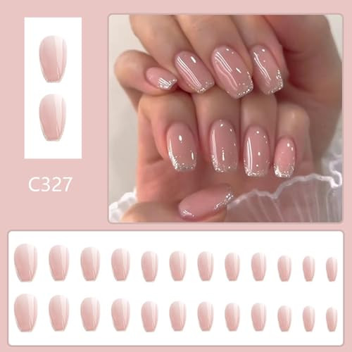 French Tip Press on Nails Glitter Short Square Fake Nails Nude Glossy W20