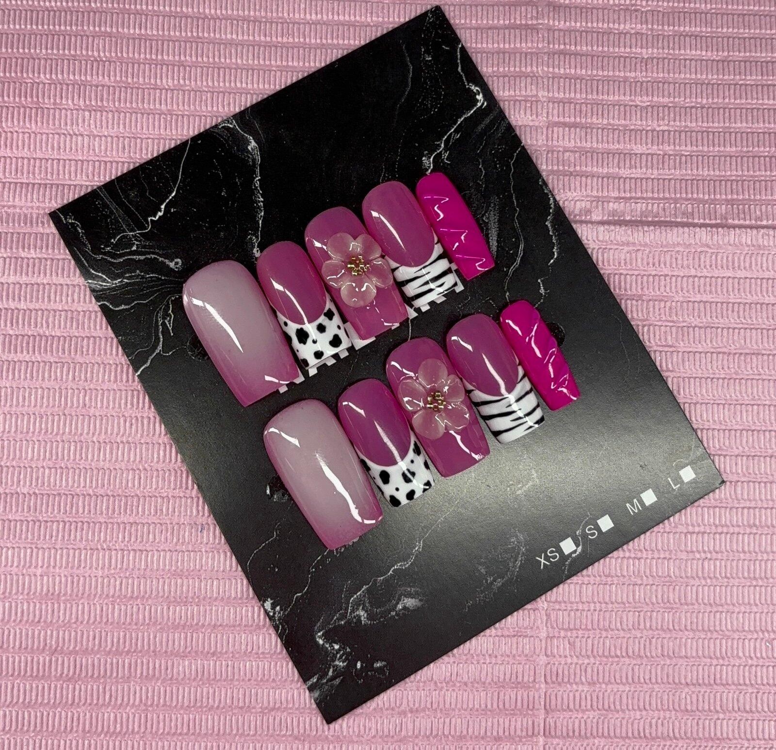 Medium square press on nails animal print 3d gel flower aura
