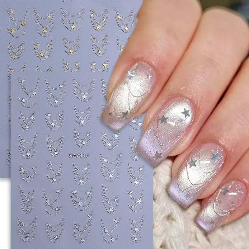 Small Stars Chain Nail Art Stickers Swirl Curve Line Gold Silver 2 Colors