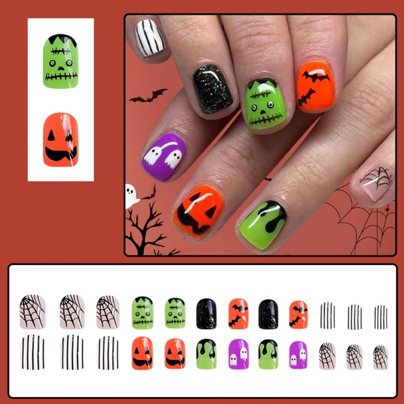 24Pieces Halloween Artificial Tips Cobweb Bat Pattern Short Square Press