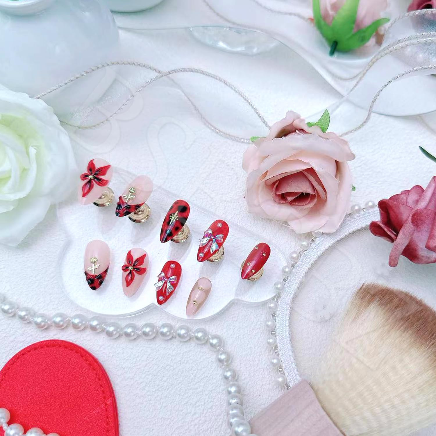 24Pcs Flower Press on Nails Medium Almond Fake Nails with 3D Bow Rose Gold Beads