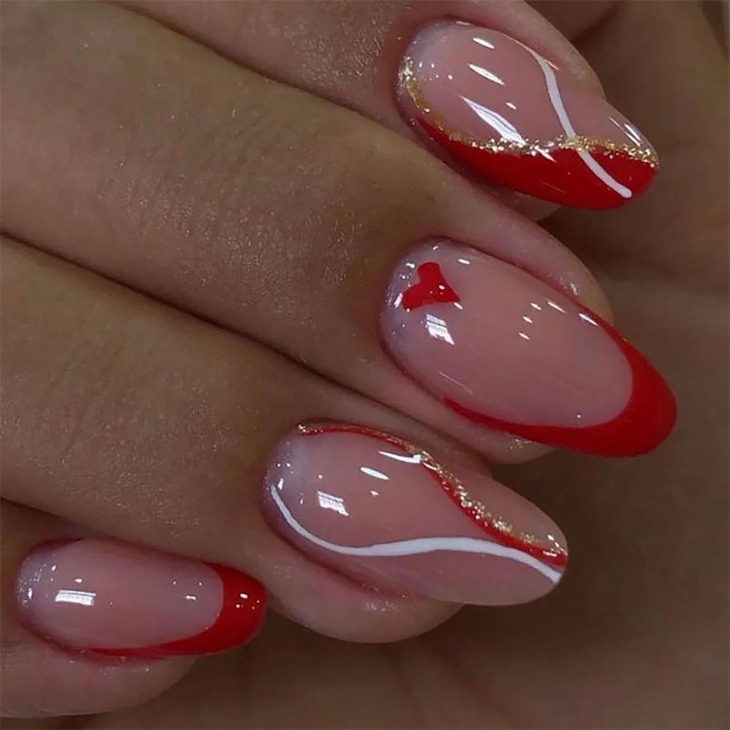 Red Love Heart Valentine’s Press on Nails Almond Medium Stripe Red French Fal…