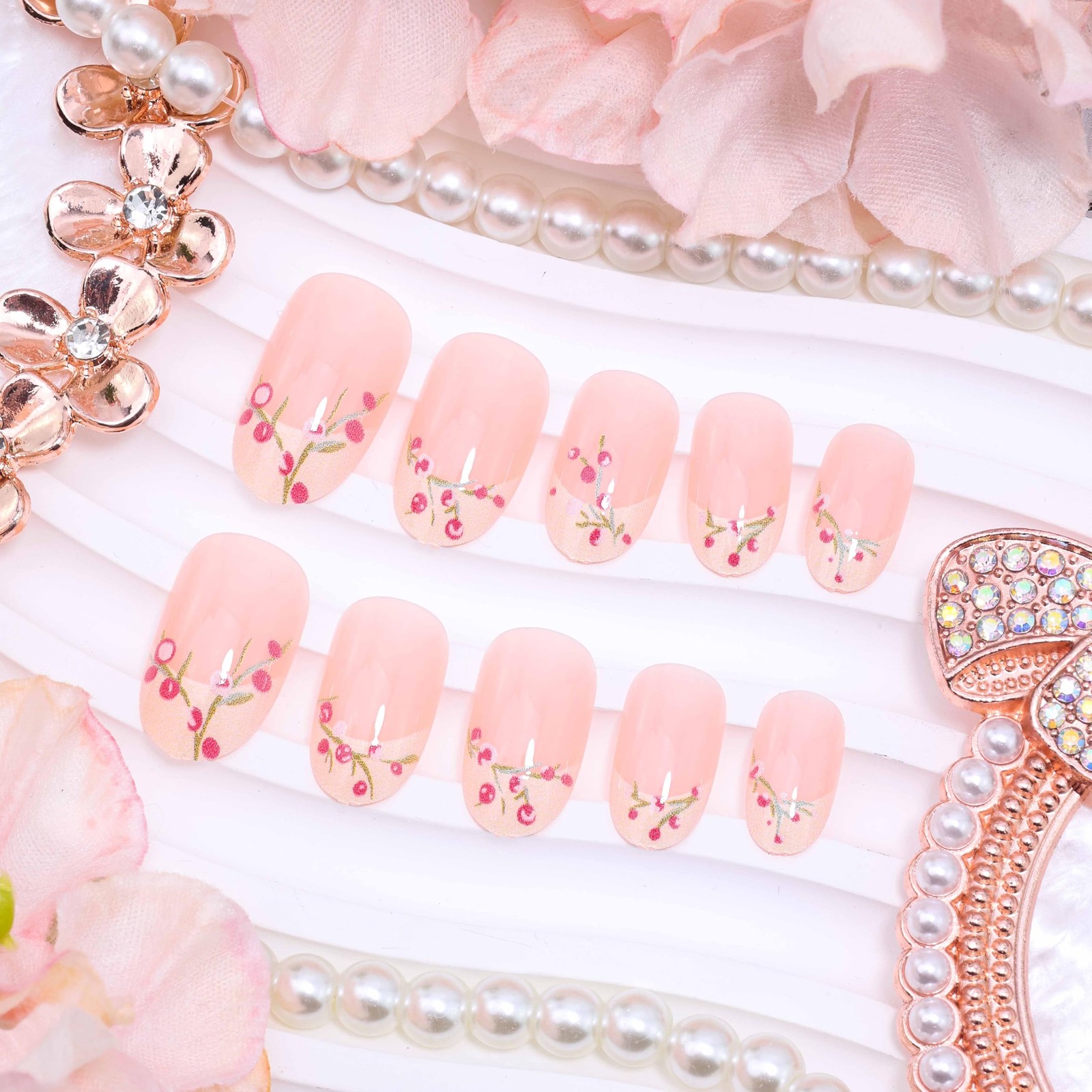 24Pcs French Tip Press on Nails Short Almond Leaf Flower Fake Nails Pink Flor…