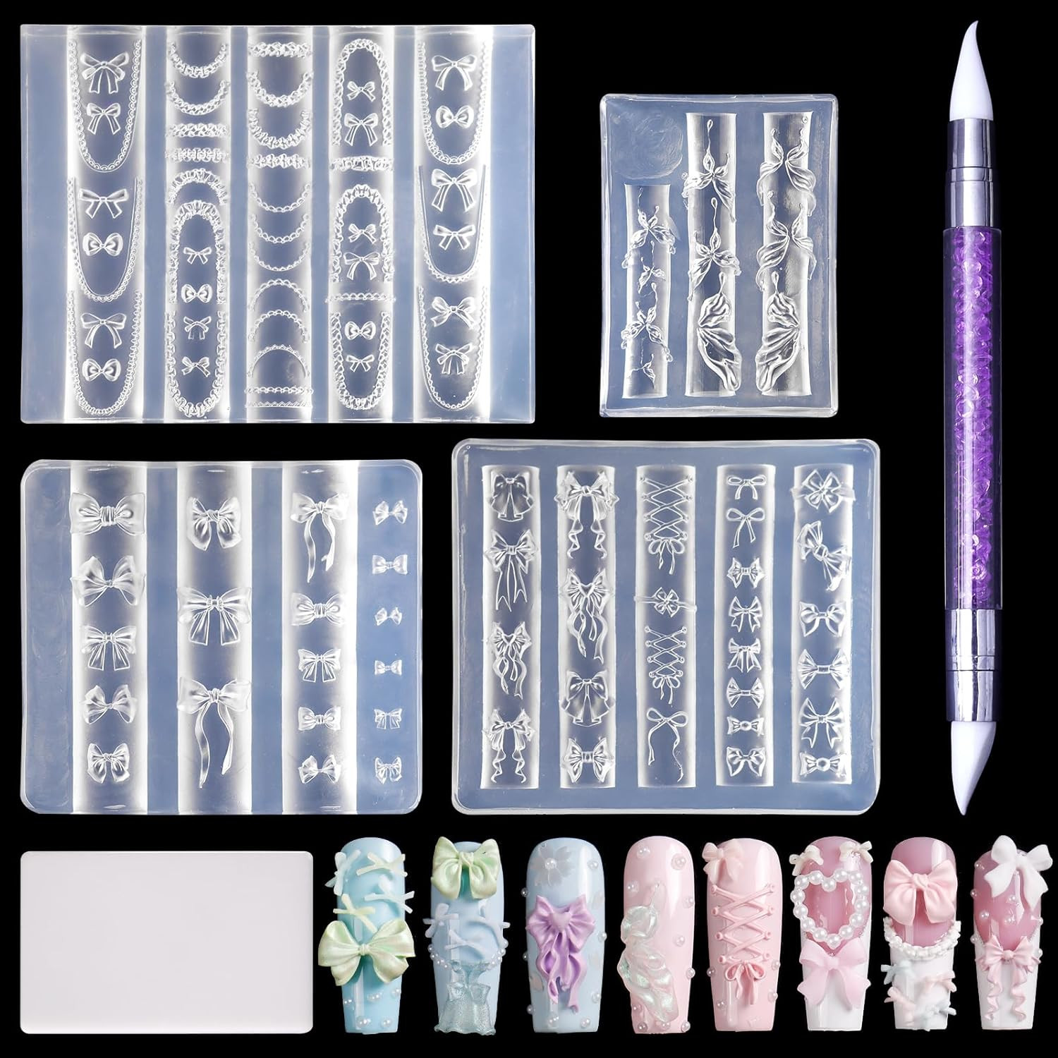 4Pcs Bowknot Silicone Nail Art Molds, 3D Multiple Shapes Ribbon Lace Bows Charms
