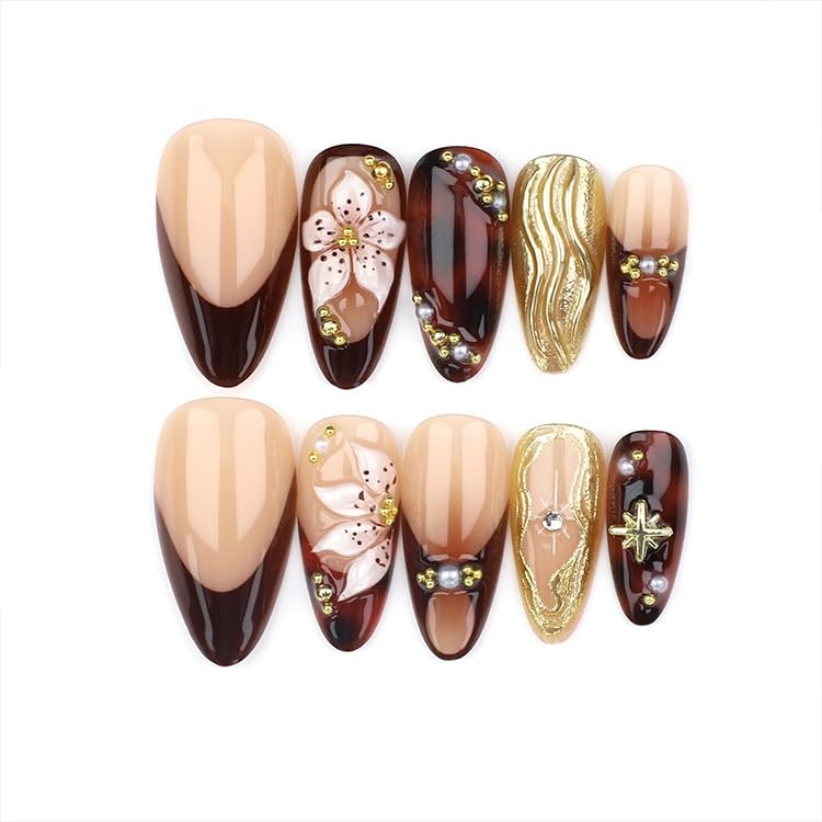 French Tip Press on Nails Medium Almond Fake Nails with Brown Leopard Designs…