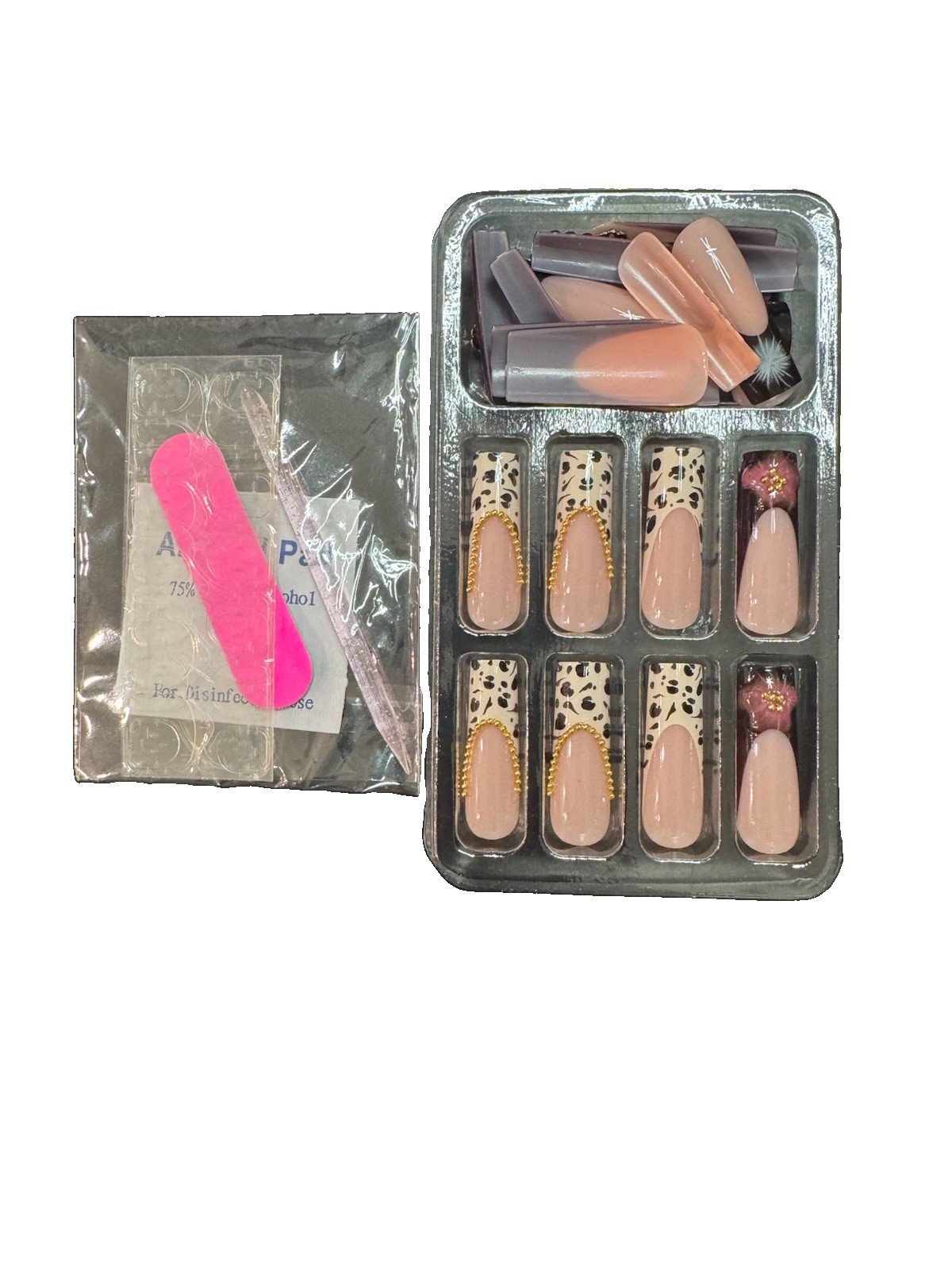 Nude French Tip Animal Print Gold Accent Long Coffin Press-On Nails 24pcs