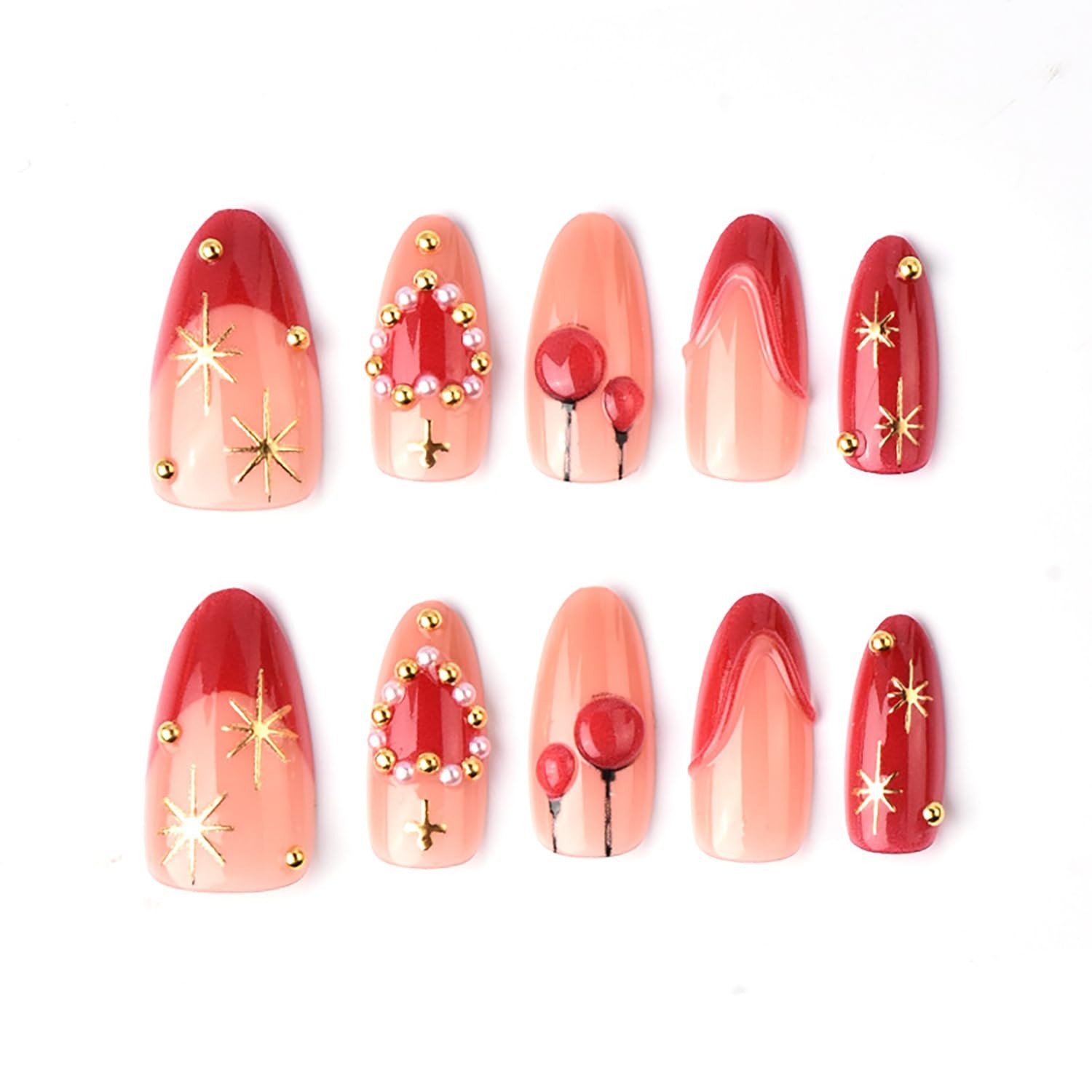 Valentines Press on Nails Medium Almond Fake Nails with 3D Red Heart Balloon …