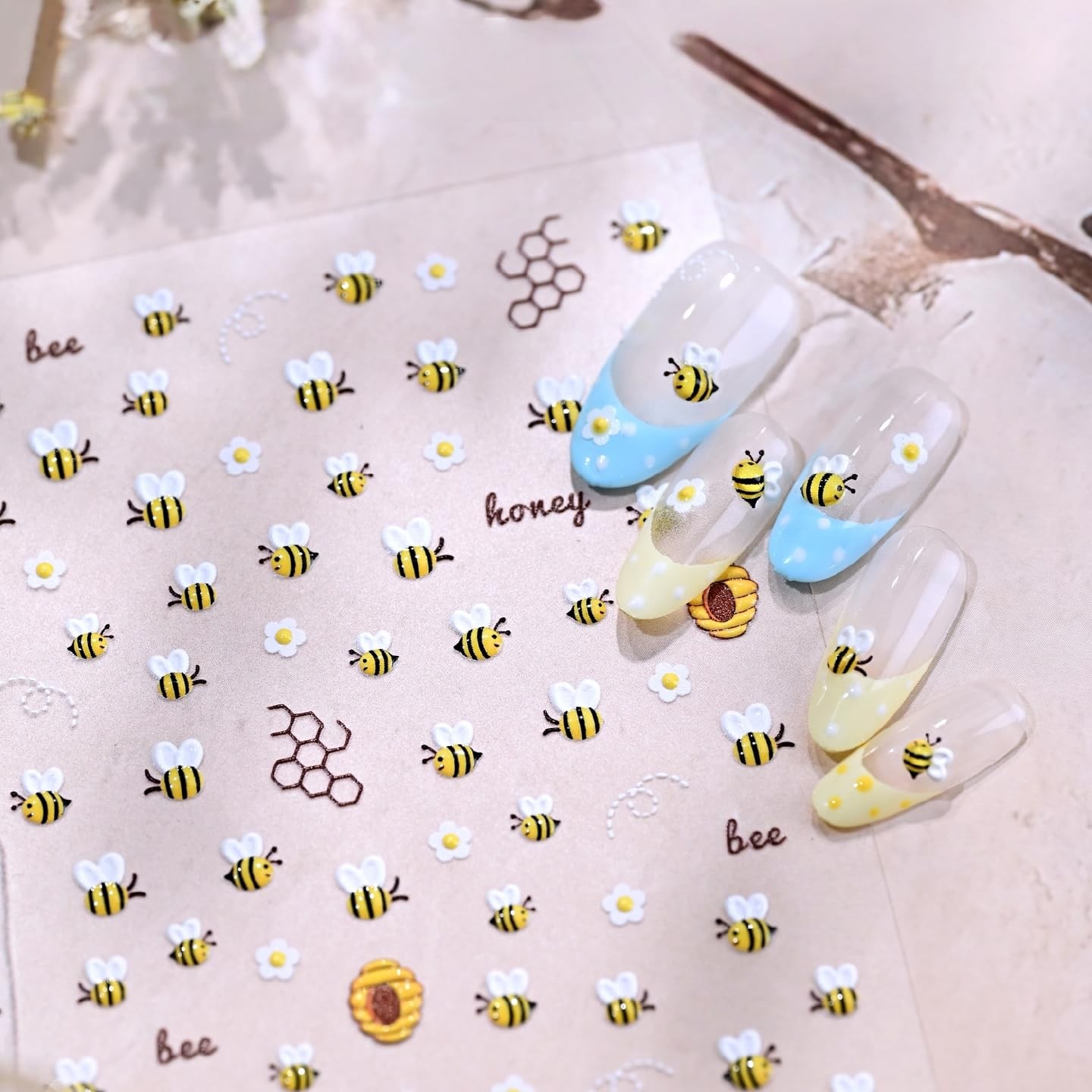 1 Sheet Flower Nail Art Stickers 5D Embossed Cute Bee Nails Decals Spring Dai…