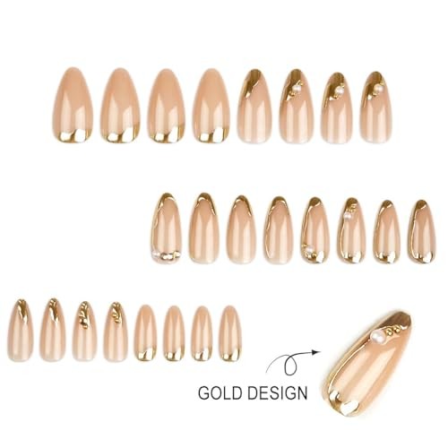 CTTHNBD Press on Nails Almond – French Tip Fake Nails with Gold Chrome Gold