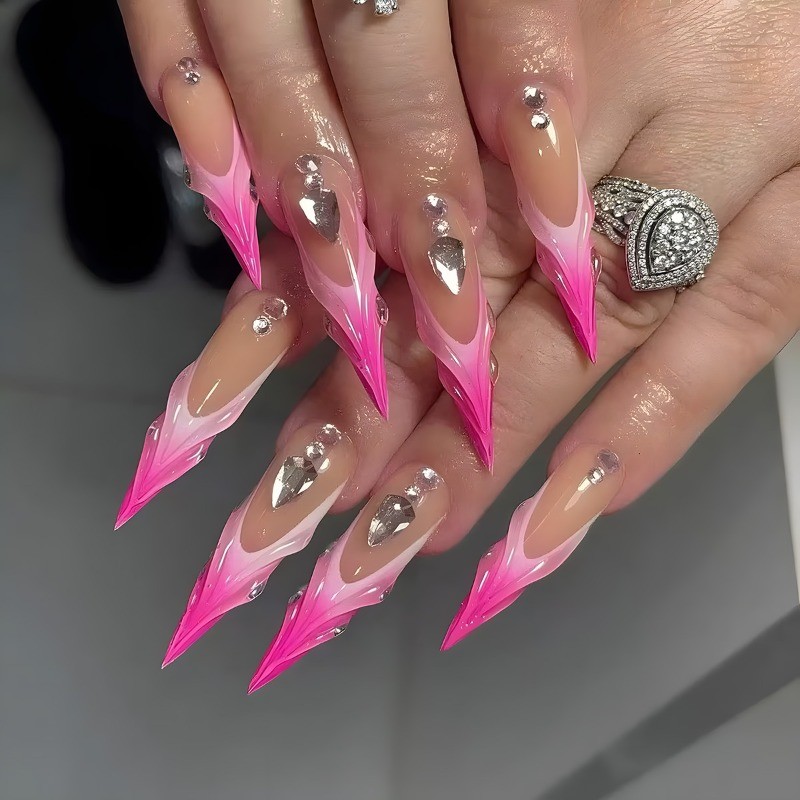 48pcs-Edgy Pink Flame Press on Nails, Stiletto with 3D Heart Rhinestone Details