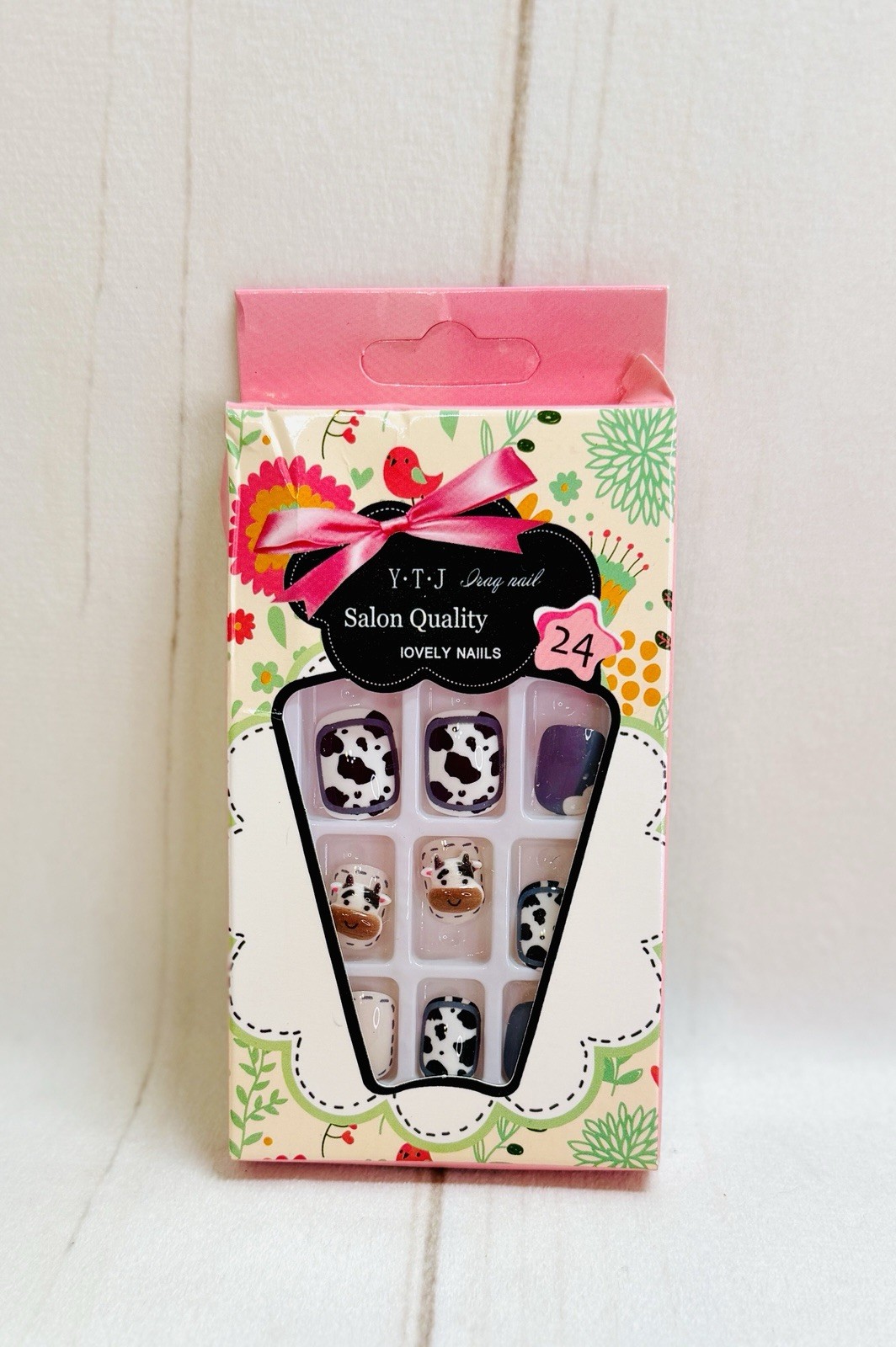 New in Box 24 Press On Ons Glue Nails Cow Print Themed 3D Heads Squoval