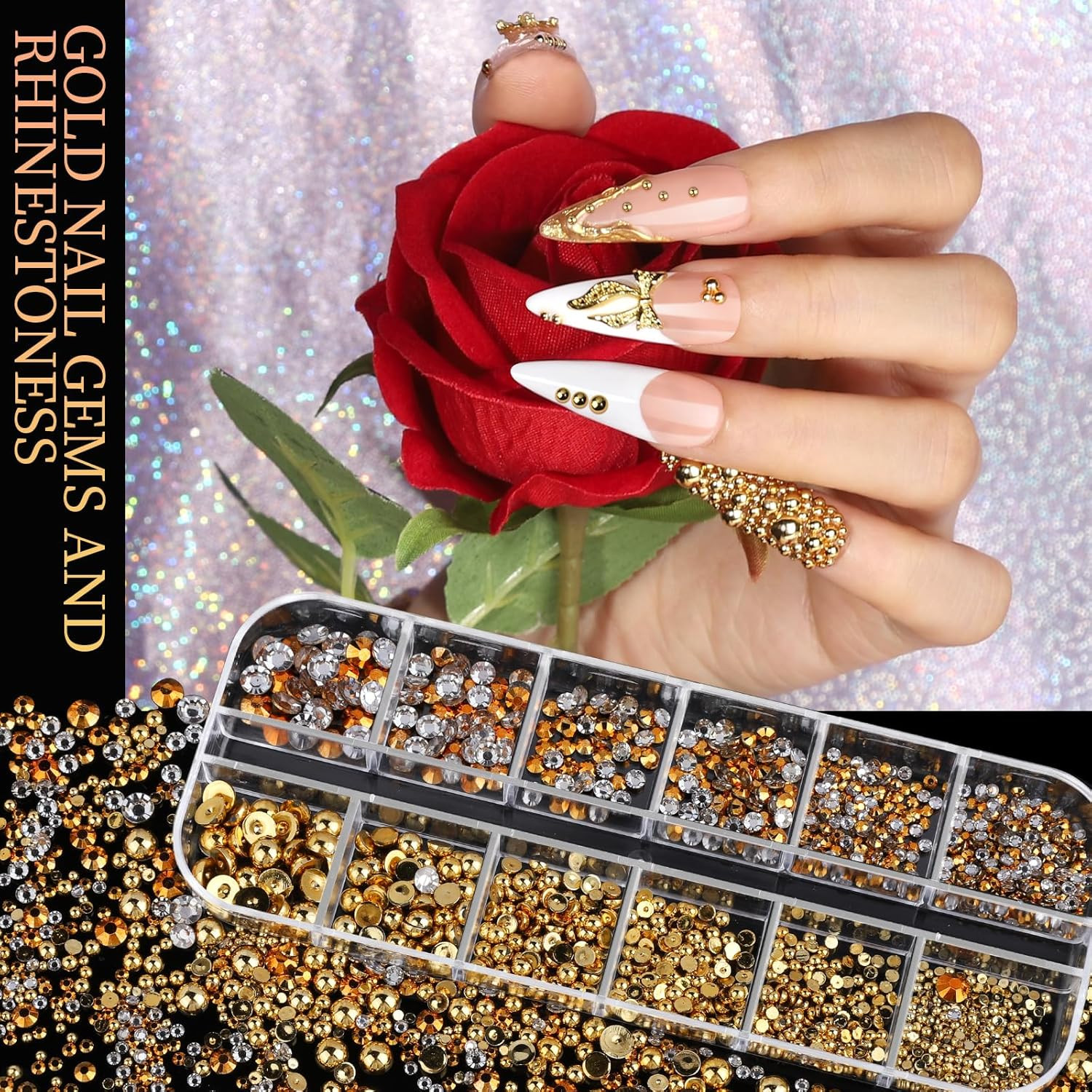 Teenitor Gold Nail Charms and Gems Set, 4 Boxes Nail Gems Nail Pearls Nail Art T