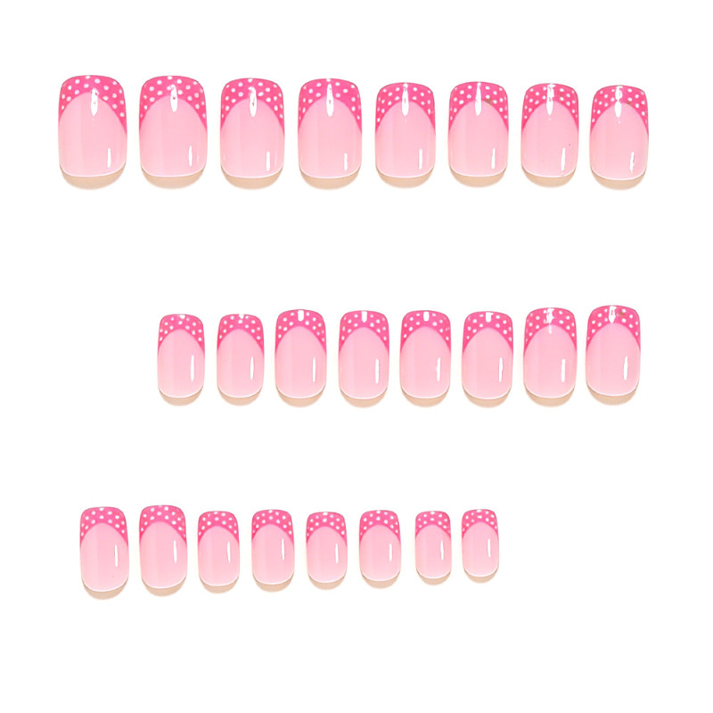 48pcs Short Square Press On Nails, Nude Base with Pink French Tip & White Polka