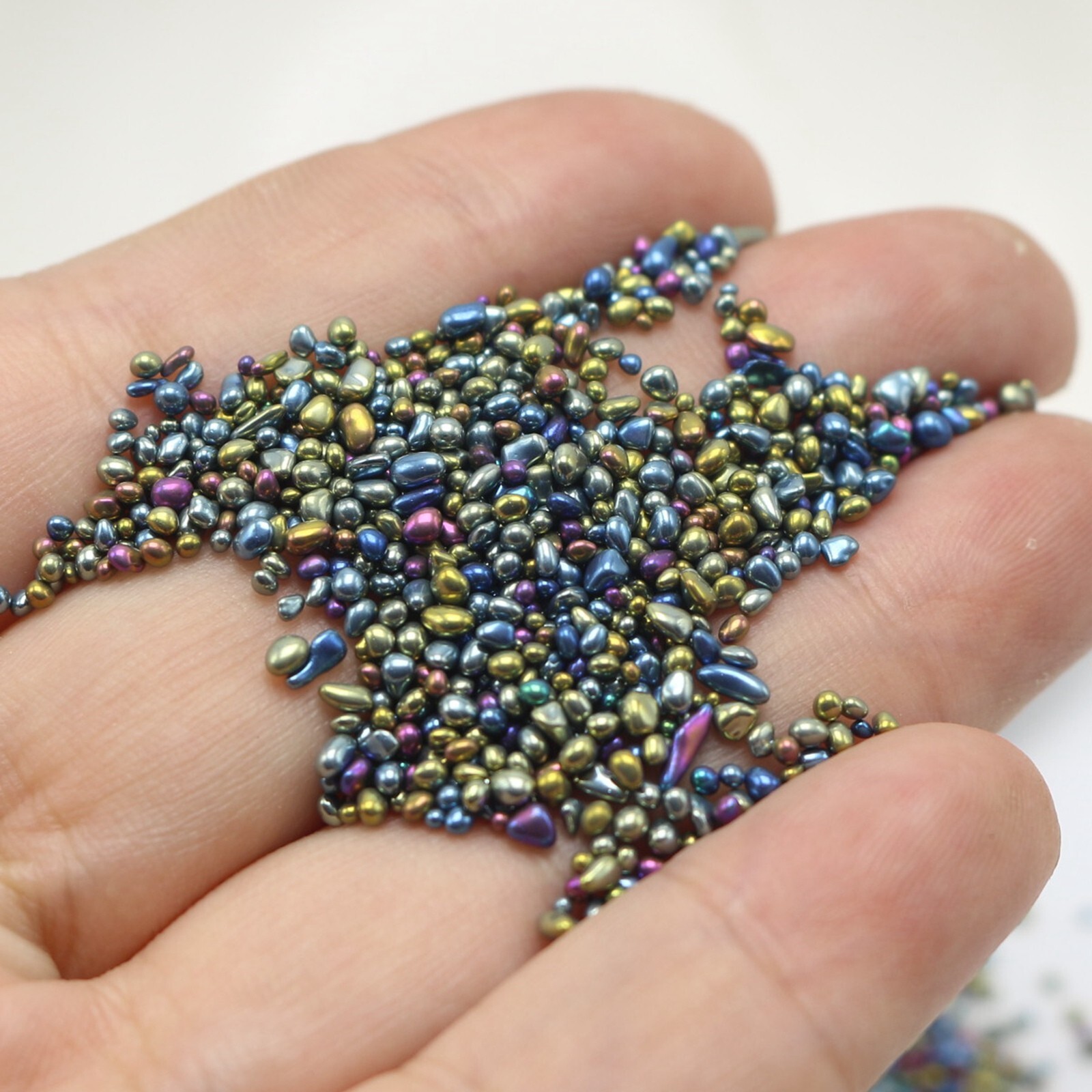 30 Gram Peacock Blue Glass Oval Microbeads Nail Art Tips + Storage Box