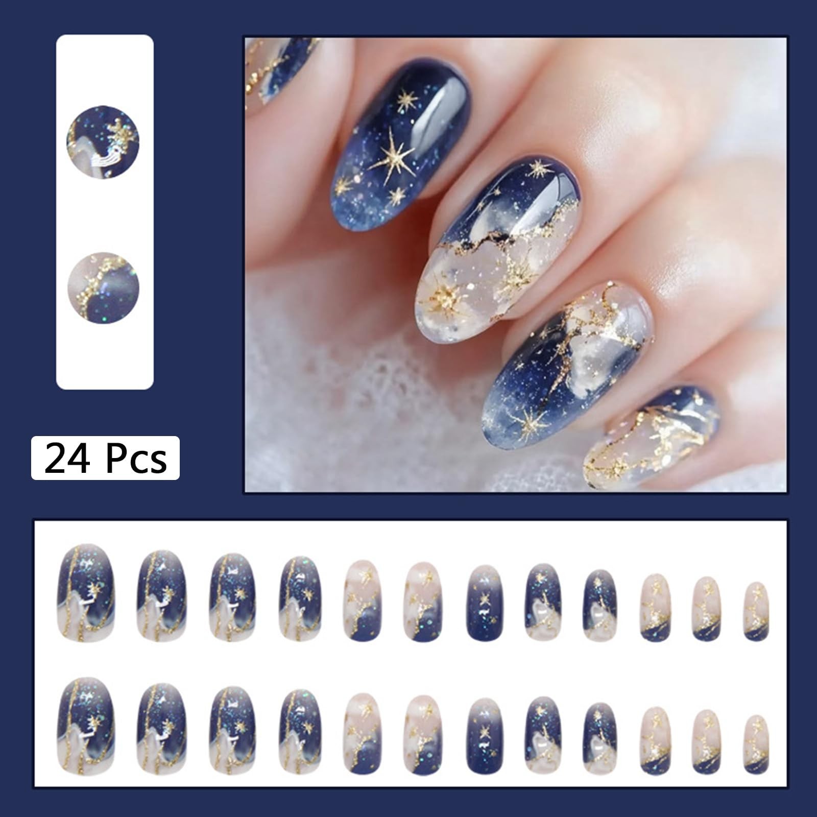 Dark Blue Press on Nails Oval Fake Nails Gold Glitter False Nails Gel Glue on…