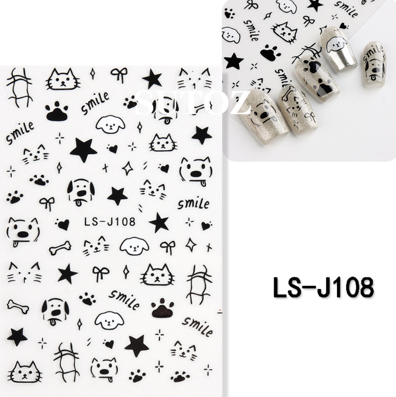 2Pcs Black White Cartoon Cat Dog Star French Nail Stickers Decoration J107 NS52