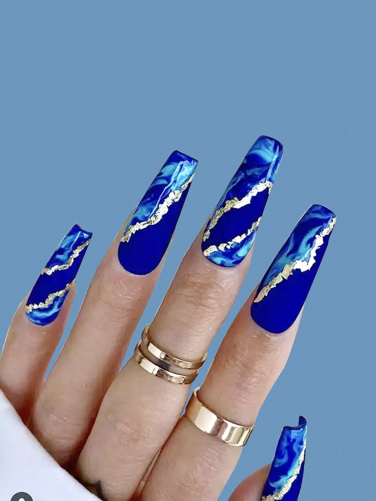 24pcs Long Coffin Abstract Blue Marbled Pattern Fake Nail Press On Nails False