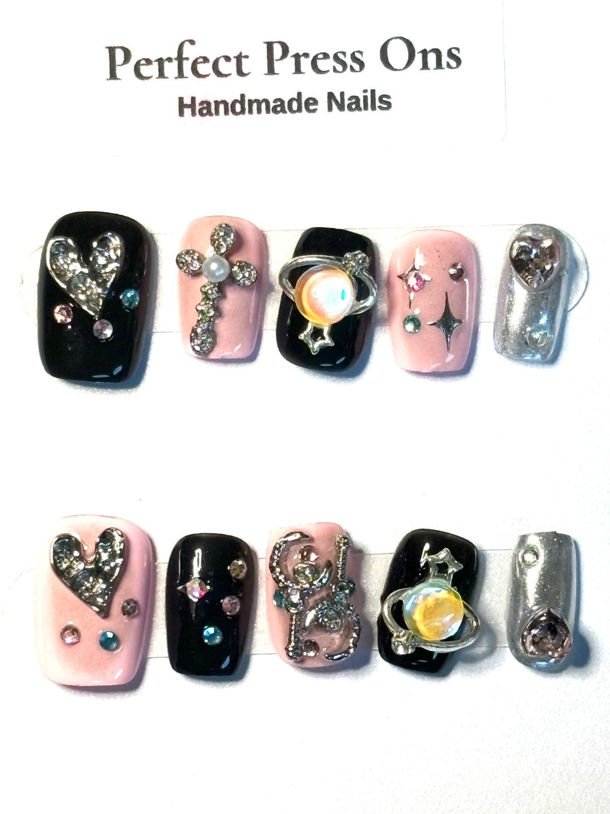 Black Pink Press On Nails S 3D Silver Cross Star Heart Charm Punk Handmade Small