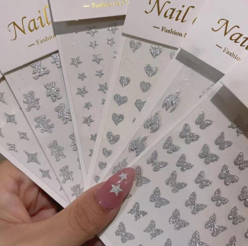 White Glitter Nail Stickers Heart Star Butterfly Bear Flame Transfer Decal NS53
