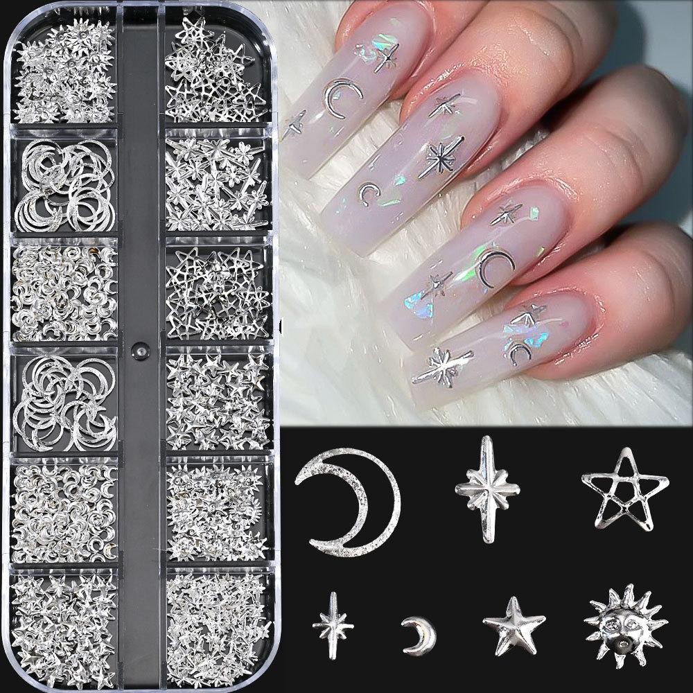 Gold Silver Star Moon Pearl Kit 12 Grid Half-Round Metal Charms for Acrylic Gel