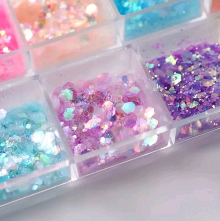 FULL BEAUTY 12 Grids Hexagonal Nail Glitter Flakes, Hypoallergenic Sparkly