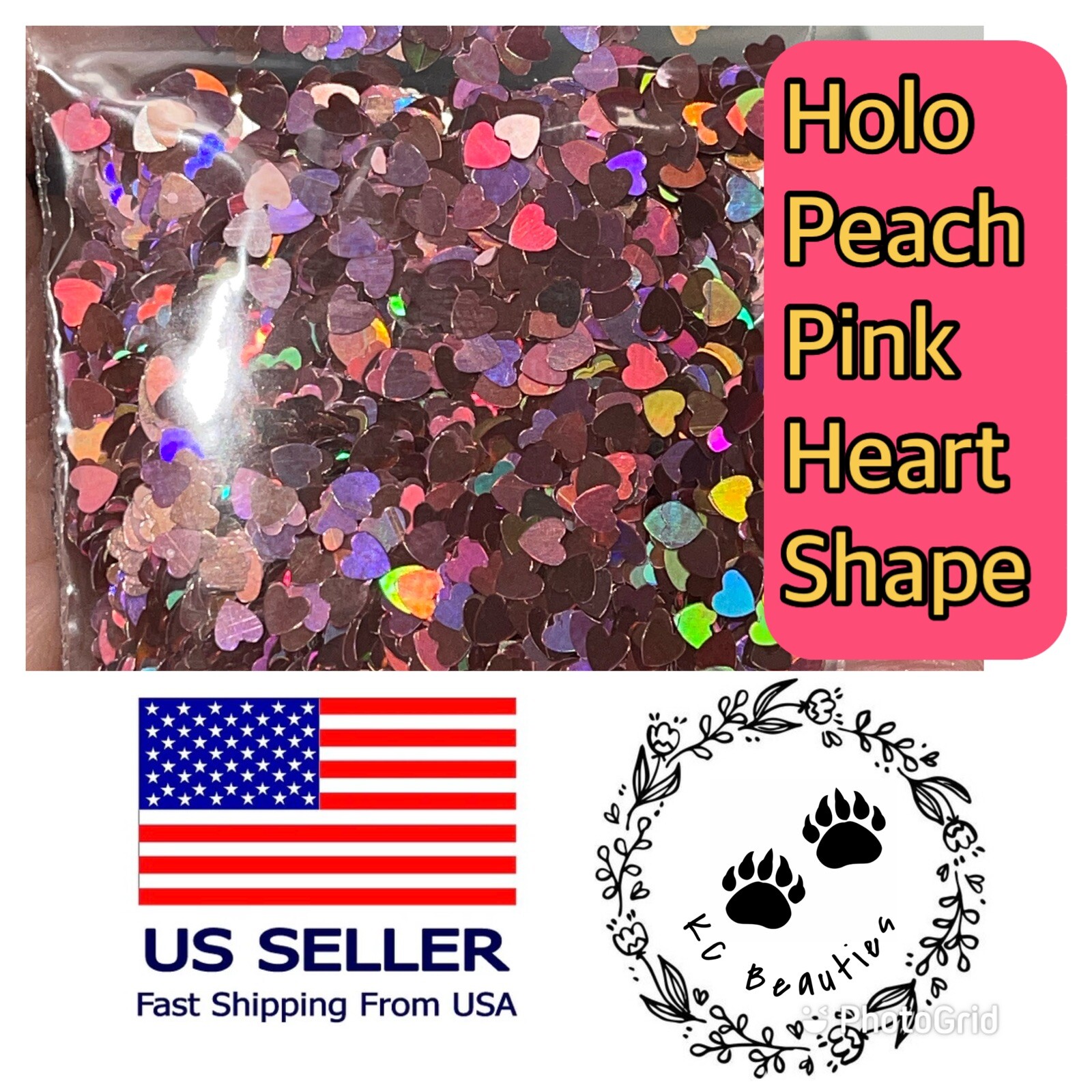 Holographic Peach Pink Heart Glitter Nails Festivals Craft Tumbler Epoxy 1 TBSP