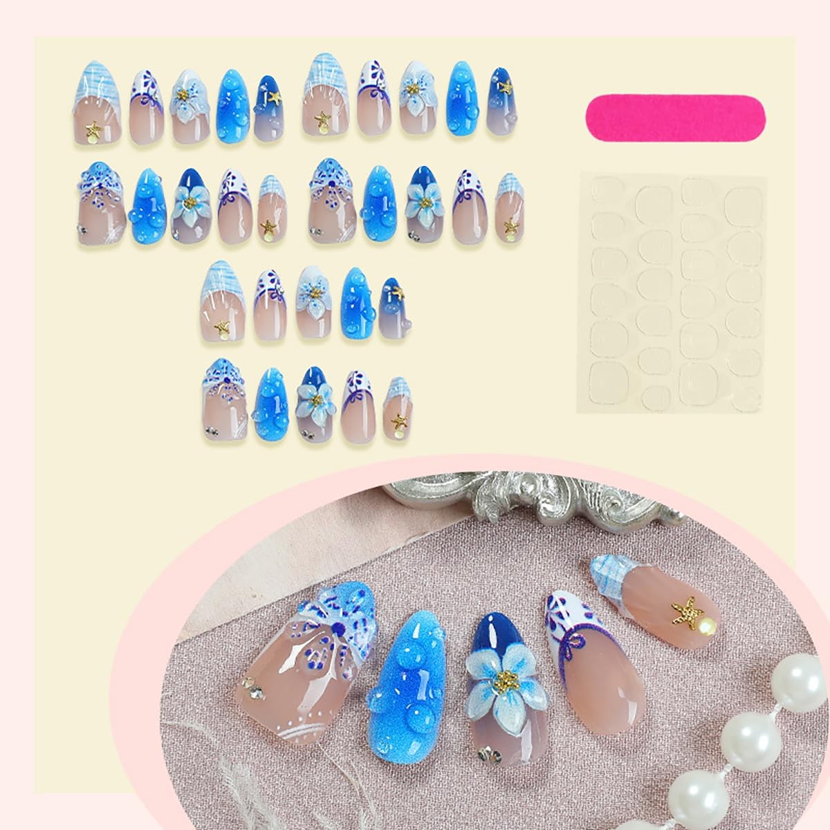 30Pcs Summer Beach Press On Nails Medium Almond French Tip Blue Ombre Fake Na…