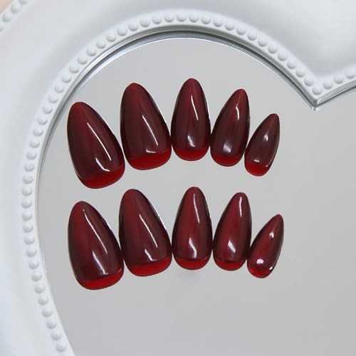 Short Almond Press on Nails Wine Red Fake Nails Glass Bead Cat Eye Almond-06