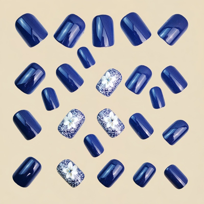 48pcs Elegant Navy Blue Glitter Press On Nails Flower Long Coffin Fake Nails