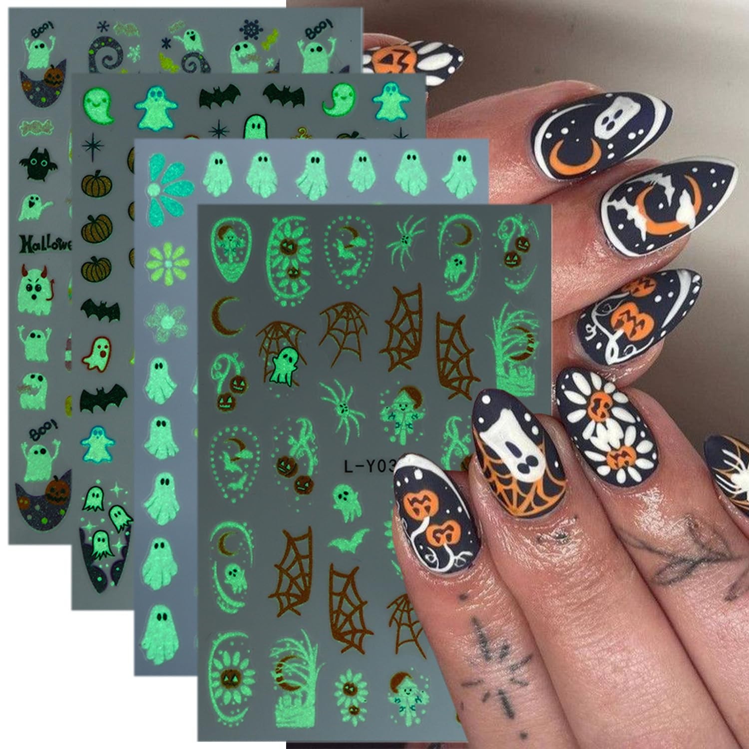Halloween Nail Stickers for Nail Art Glow in The Dark 3D Self-Adhesive Supplies