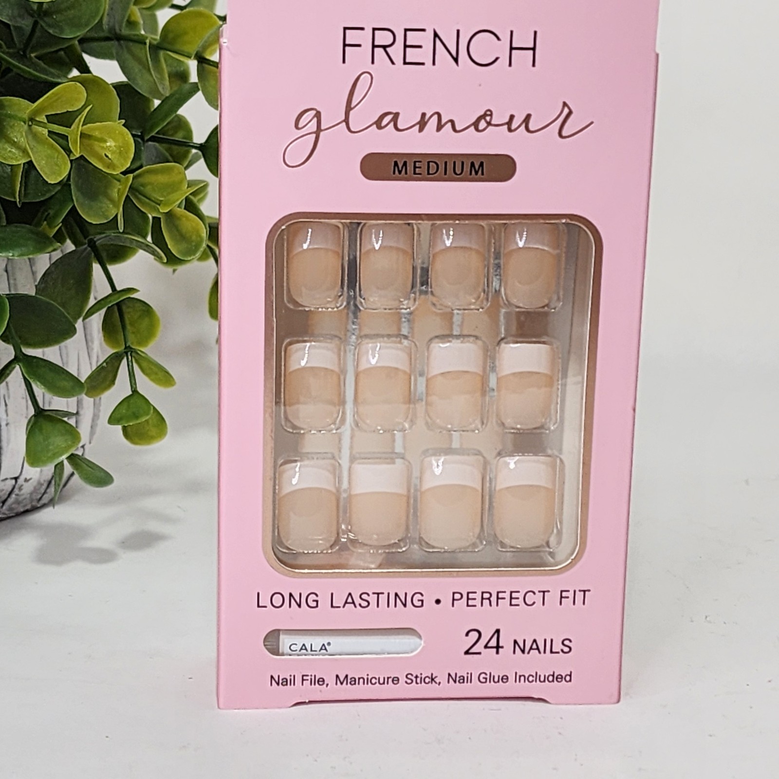 Cala French Glamour Medium Nails ~ 24 Nails ~ 12 Sizes ~ Nail Glue Included ~New