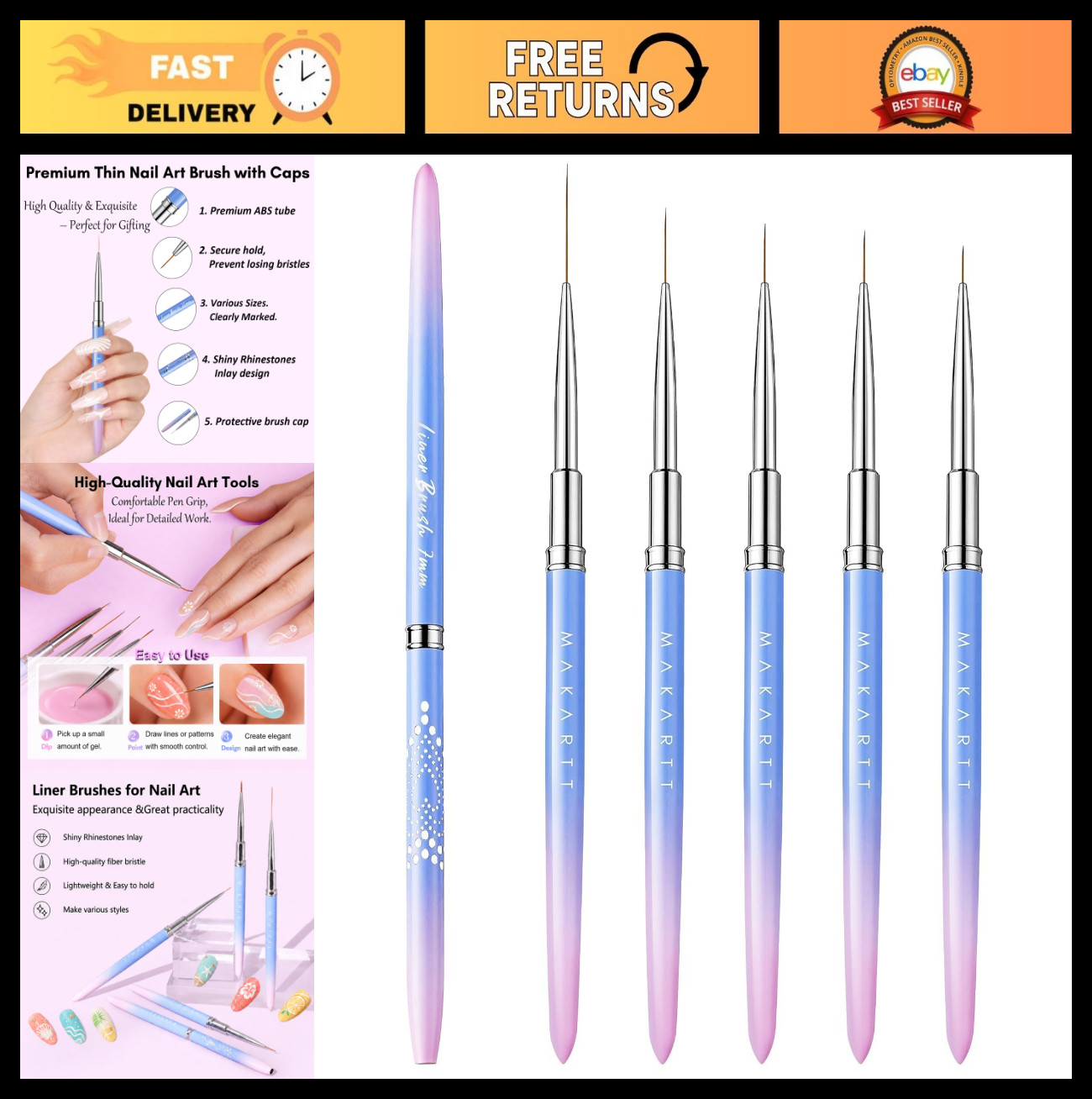 5pcs Nail Art Brush Set – Liner Brushes 7/9/11/15/25mm, Thin Design Tool for Gel
