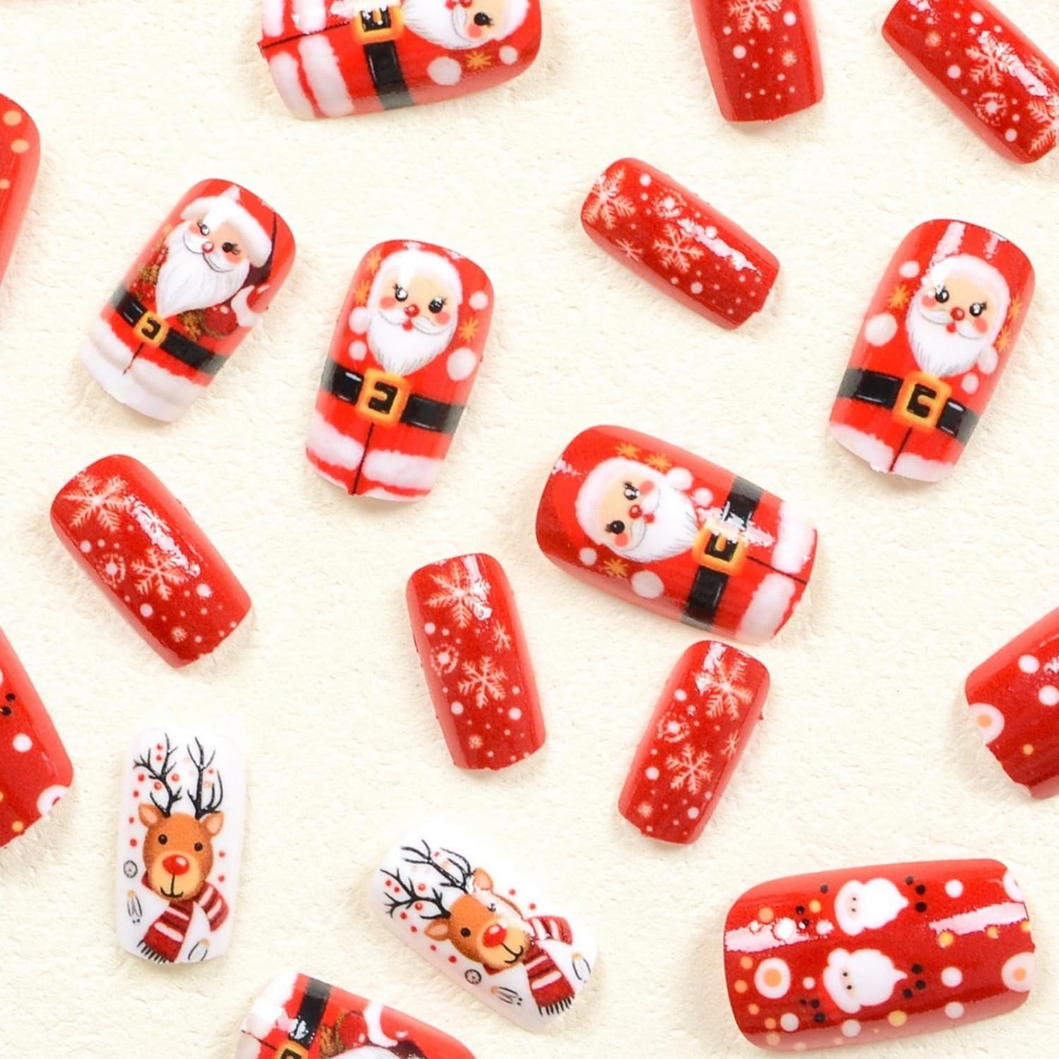 Festive Christmas Red Glossy Press-On Nails with Santa & Snowflake Designs