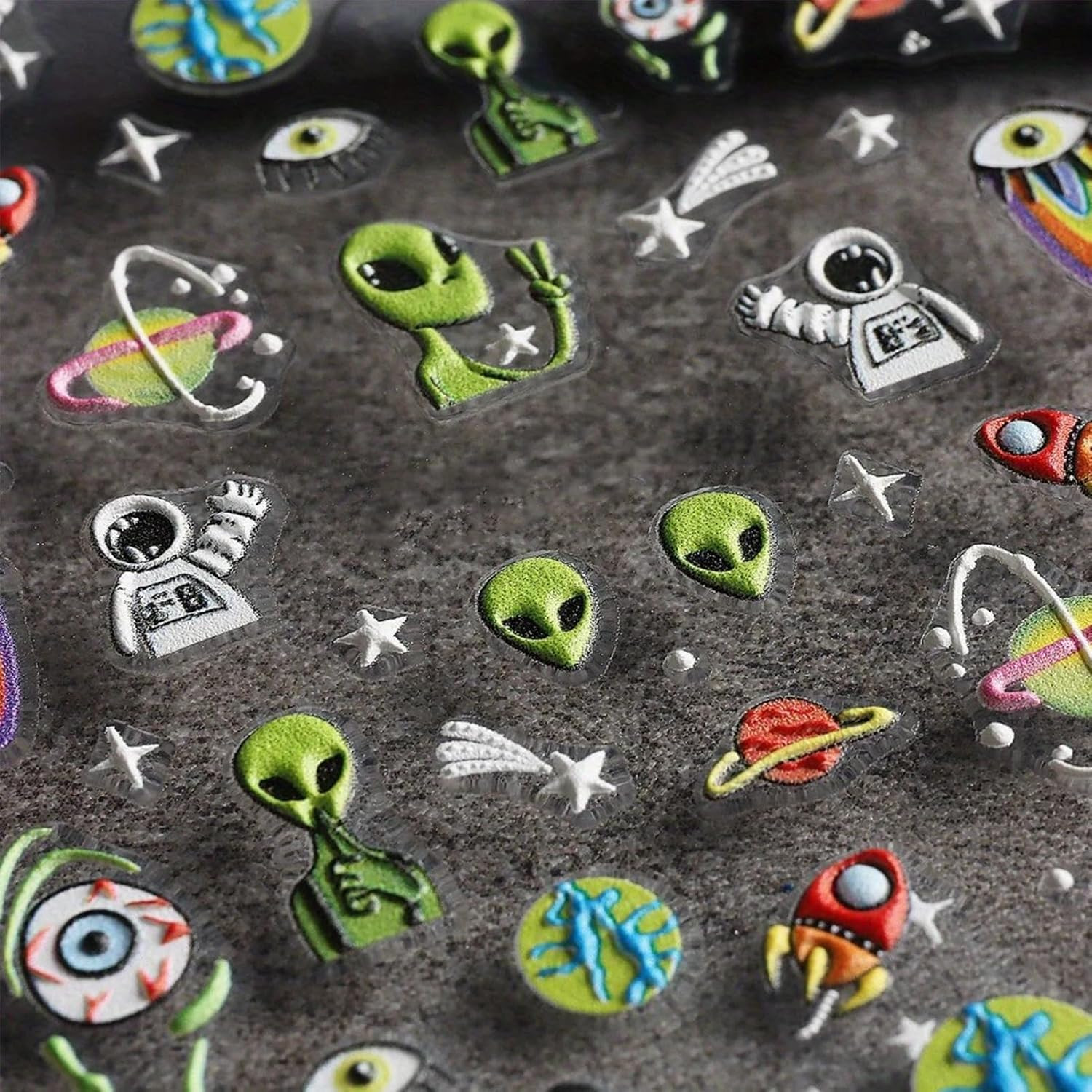Embossed Alien Nail Art Stickers – 5D ET UFO Astronaut Rocket Design Self