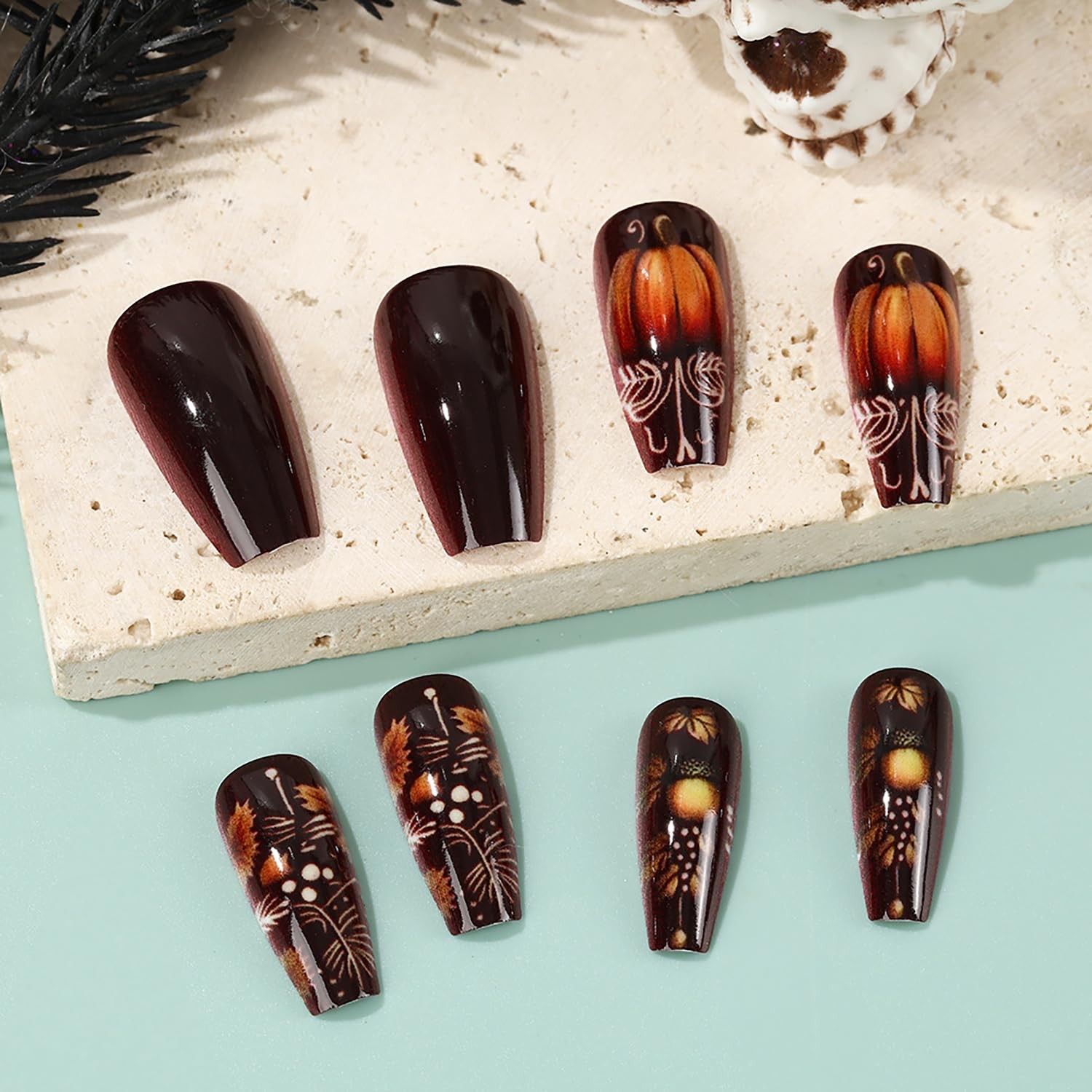 Fall Dark Red Press on Nails Medium Coffin Fake with Pumpkin Multicolor