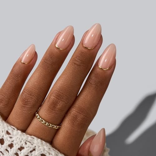 Almond Press On Nails Kit – Short Gold Foil Soft Gel Glue-On Nails, 32 Pieces, 1