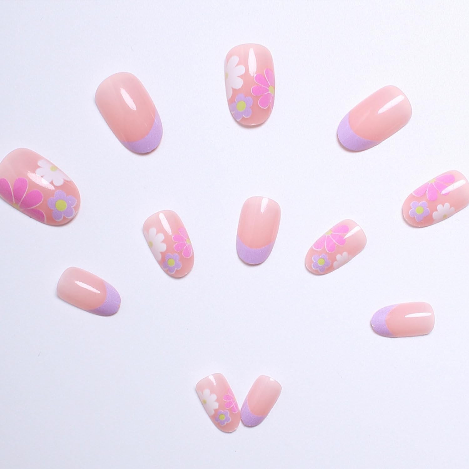 French Tip Press on Nails Short Almond Fake Nails Flower Acrylic Nails with D…